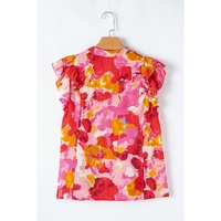 Red Abstract Print Split V Neck Ruffle Short Sleeve Blouse - L thumbnail