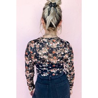 Black Floral Mesh Sheer Long Sleeve Top - L thumbnail