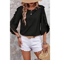 Black Ruffle Trimmed 3/4 Sleeve Round Neck Blouse - M thumbnail