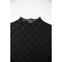 Black Bowknot Sheer Mesh Mock Neck Lettuce Trim Short Sleeve Top - L thumbnail