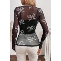 Black Round Neck Bow Print Long Sleeve Mesh Top - L thumbnail