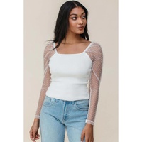 White Swiss Dot Mesh Long Sleeve Square Neck Slim Top - S thumbnail