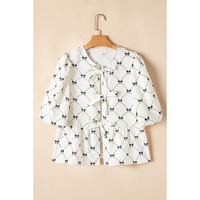 White Bowknot Print Front Knots Bubble Sleeve Blouse - L thumbnail