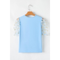 Beau Blue Floral Mesh Puff Sleeve Crew Neck Top - L thumbnail
