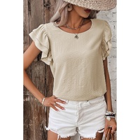 Beige Solid Color Ruffled Short Sleeve Casual Blouse - M thumbnail