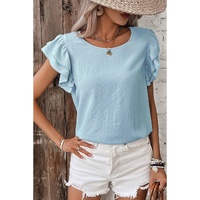 Mist Blue Solid Color Ruffled Short Sleeve Casual Blouse - L thumbnail