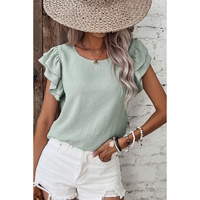 Clearly Aqua Solid Color Ruffled Short Sleeve Casual Blouse - L thumbnail