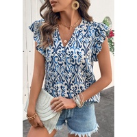 Sky Blue Boho Abstract Print Pintuck Detail Ruffled Top - L thumbnail