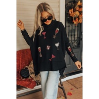 Black Drinks Patched Graphic Dolman Sleeve High Neck Split Top - M thumbnail