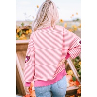 Pink Stripe Sequin Heart Patched Pattern Long Sleeve Valentines Top - 2XL thumbnail