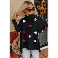 Black Valentines Chenille Heart Patched Dolman Sleeve High Neck Split Top - M thumbnail