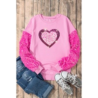 Pink Leopard Heart Graphic Sequin Patchwork Long Sleeve Valentines Top - L thumbnail
