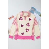 Pink Stripe Patchwork Sequin Heart Pattern Long Sleeve Collared Split Top - L thumbnail