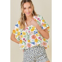 Yellow Floral Boxy Fit Ruffled Short Sleeve V Neck Blouse - L thumbnail