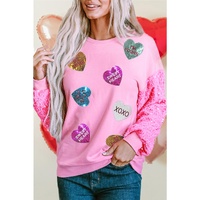 Pink Valentine Shiny Slogan Heart Sequin Sleeve Patchwork Pullover Top - M thumbnail