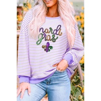Purple Stripe mardi gras Sequin Patched Graphic Drop Shoulder Top - L thumbnail