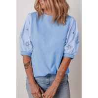 Beau Blue Eyelet Flower Embroidered Puff Short Sleeve Patchwork Crew Neck Blouse - L thumbnail