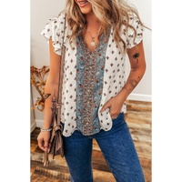 White Boho Pattern Tiered Ruffled Sleeve V Neck Buttoned Blouse - S thumbnail