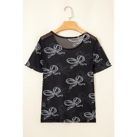 Black Bow Printed Mesh Short Sleeve Top - L thumbnail