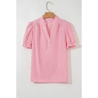 Pink Stripe Notched Neck Frilled Short Puff Sleeve Blouse - L thumbnail