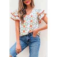 Green Geometric Floral Print Layered Flutter Sleeve V Neck Ric Rac Trim Blouse - M thumbnail