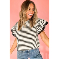 Black Stripe Scallop Lace Trim Ruffle Short Sleeves Crewneck Top - L thumbnail