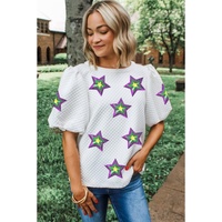 White Textured Sequin Mardi Gras Star Graphic Puff Sleeve Blouse - S thumbnail