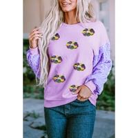 Orchid Petal Mardi Gras Doughnut Graphic Sequin Patchwork Long Sleeve Top - L thumbnail