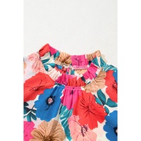 Sky Blue Floral Mock Neck Striped Flutter Sleeve Blouse - L thumbnail
