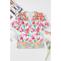 Pink Floral Print Striped Detail Split Neck Short Sleeve Blouse - L thumbnail