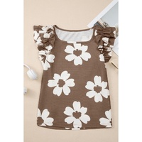 Brown Floral Textured Ruffled Short Sleeve Square Neck Blouse - L thumbnail