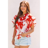 Red Plant Print Tiered Ruffled Sleeve V Neck Blouse - M thumbnail