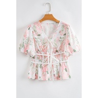 Pink Floral Puff Sleeve V Neck Tied Front Peplum Blouse - L thumbnail