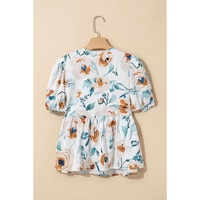 Green Floral Print Puff Sleeve V Neck Babydoll Blouse - XL thumbnail
