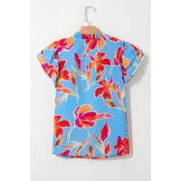 Sky Blue Floral Print V Neck Pompom Trim Flutter Sleeve Blouse - L thumbnail