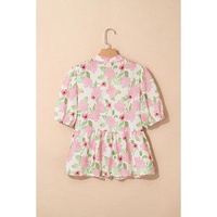 Pink Floral Print Drawstring V Neck Peplum Blouse - L thumbnail