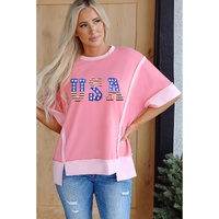 Peach Blossom USA Color Block High Low Crew Neck T Shirt - L thumbnail