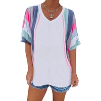 Azura Exchange Patchwork V Neck T-Shirt with Stripe Detail - S thumbnail