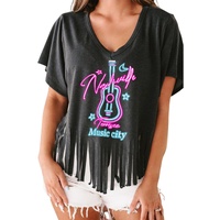 Azura Exchange Guitar Slogan Print Fringed V Neck Graphic Tee - L thumbnail