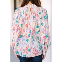 Multicolor Printed Frilled Neck Smocked Loose Blouse - L thumbnail