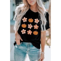 Black Pumpkin Flower Print Short Sleeve Graphic Top - L thumbnail