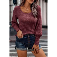 Mineral Red Ribbed Bishop Sleeve Round Neck Top - L thumbnail