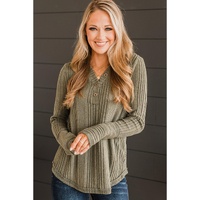 Jungle Green V Neck Buttoned Ribbed Knit Top - L thumbnail