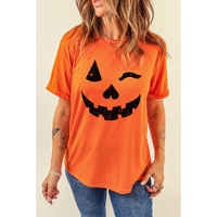 Orange Halloween Pumpkin Face Print Crew Neck T Shirt - S thumbnail