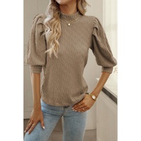 Simply Taupe Vintage Textured Puff Sleeve Mock Neck Top - L thumbnail