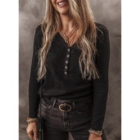 Black Buttoned V Neck Long Sleeve Ribbed Top - S thumbnail