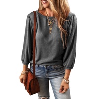 Medium Grey Solid Color 3/4 Sleeve Round Neck Blouse - L thumbnail