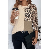 Pale Khaki Leopard Colorblock Waffle Knit Top - M thumbnail