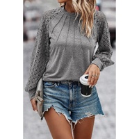 Gray Contrast Lace Raglan Sleeve Plicated Knit Top - S thumbnail