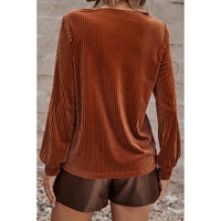 Chestnut Half Zip V Neck Ribbed Velvet Top - S thumbnail
